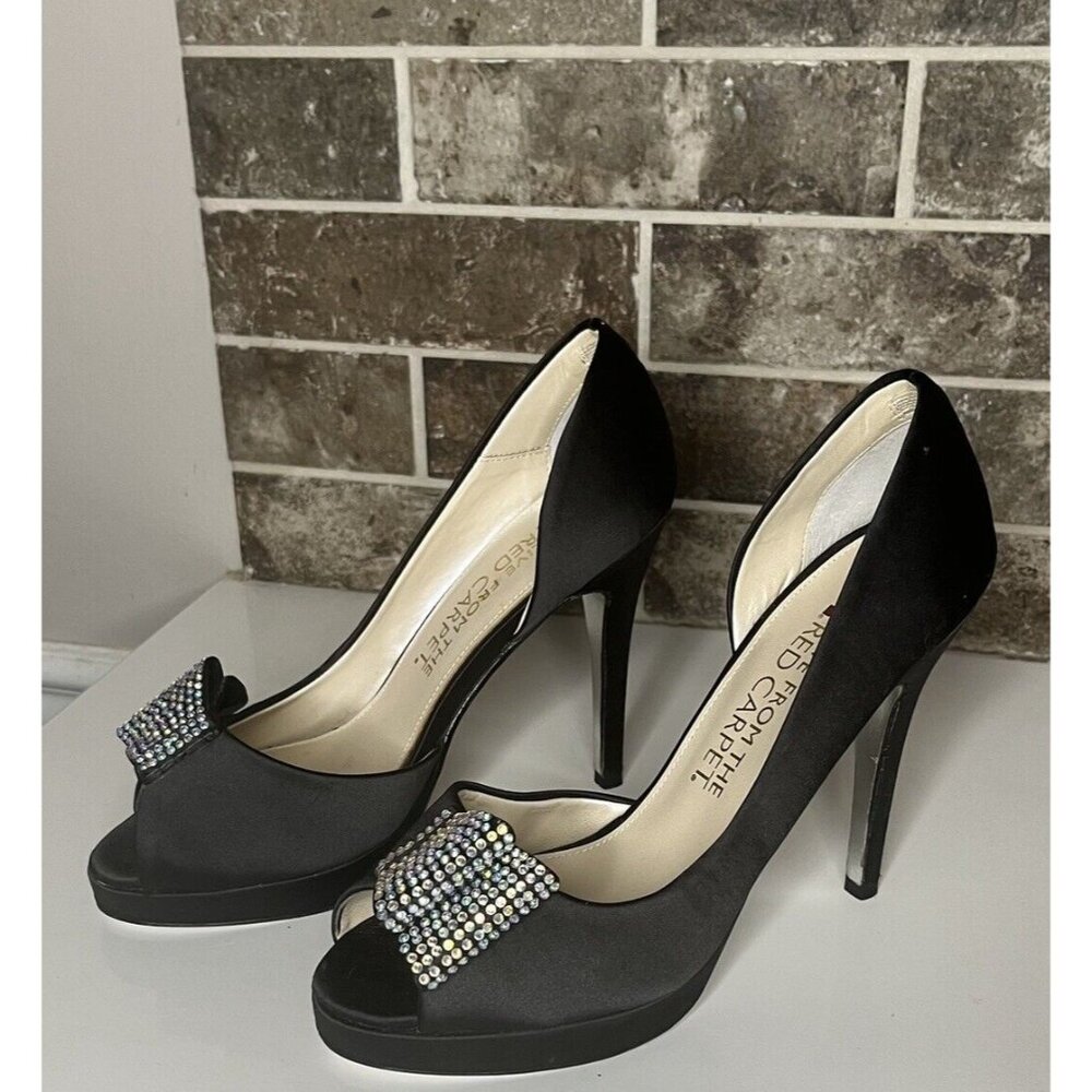 E! Live From The Red Carpet Black Peep Toe Satin Stiletto Heels Size 8.5 $79